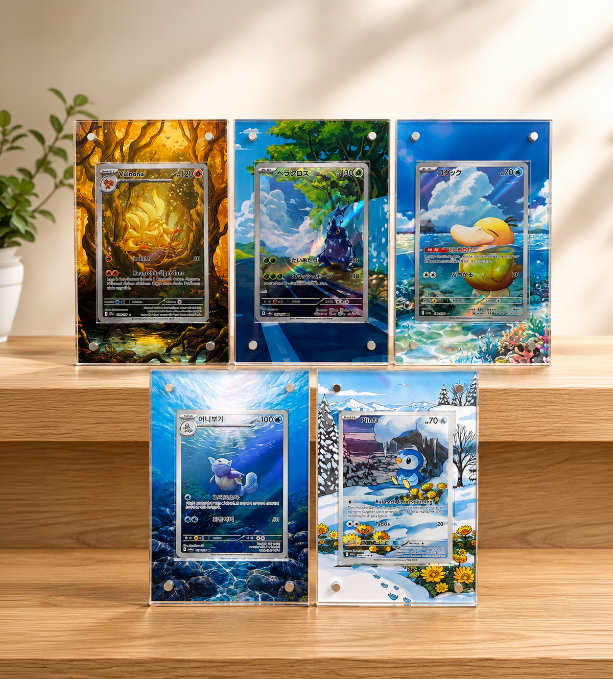 Mehrere Magnetic Card Cases mit Pokémon-Karten auf einem Holzregal.